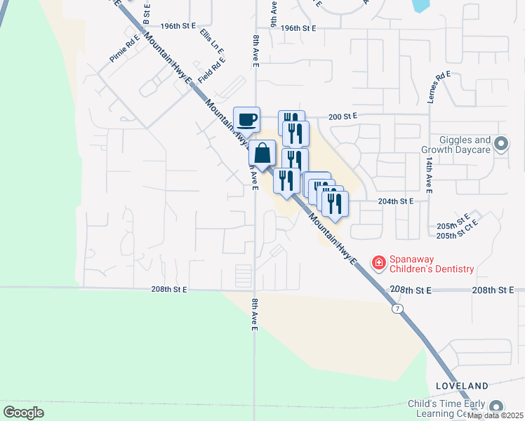 map of restaurants, bars, coffee shops, grocery stores, and more near 823 204th Street Court East in Spanaway