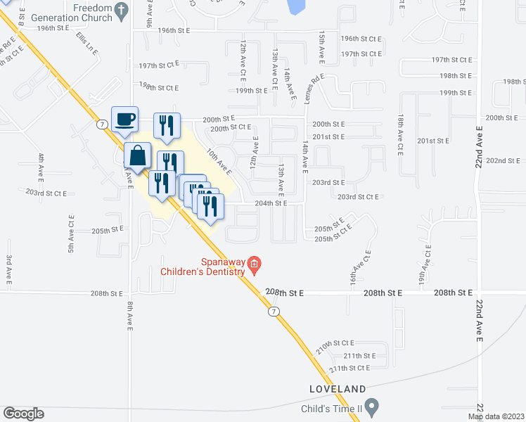 map of restaurants, bars, coffee shops, grocery stores, and more near 20405 12th Avenue Court East in Spanaway