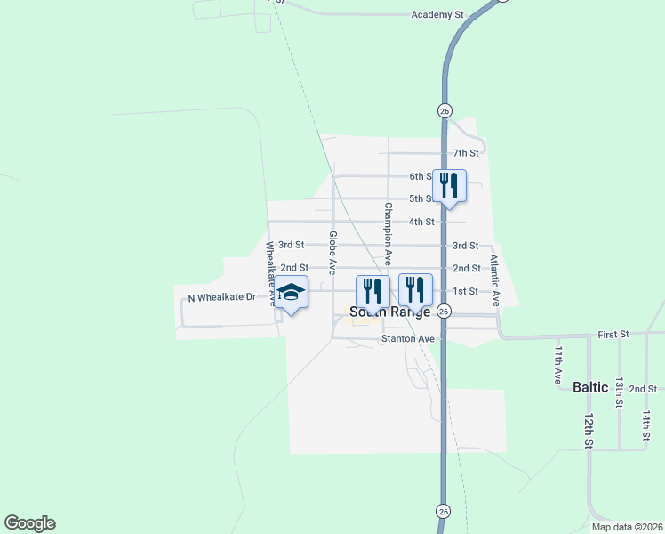 map of restaurants, bars, coffee shops, grocery stores, and more near 56 2nd Street in South Range