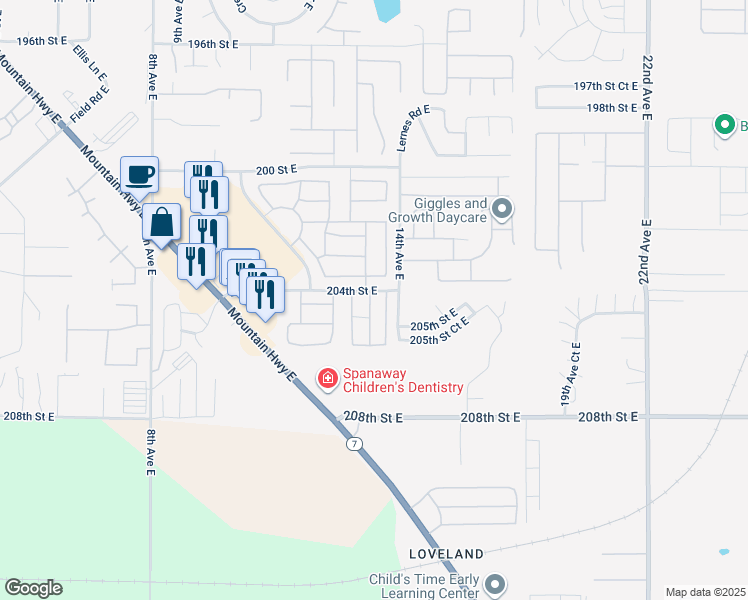 map of restaurants, bars, coffee shops, grocery stores, and more near 20419 13th Avenue Court East in Spanaway