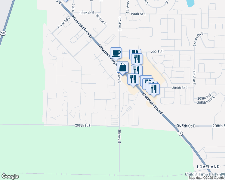 map of restaurants, bars, coffee shops, grocery stores, and more near 719 204th Street Court East in Spanaway