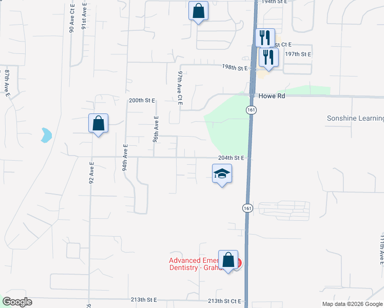 map of restaurants, bars, coffee shops, grocery stores, and more near 9801 204th Street East in Graham