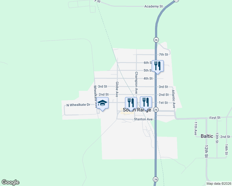 map of restaurants, bars, coffee shops, grocery stores, and more near 42-56 2nd Street in South Range