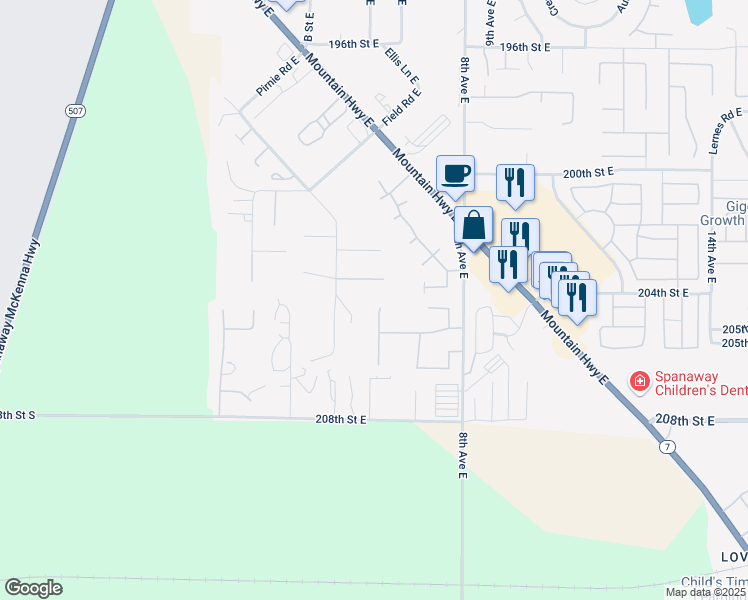 map of restaurants, bars, coffee shops, grocery stores, and more near 20412 5th Avenue Court East in Spanaway