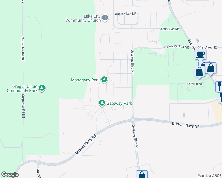 map of restaurants, bars, coffee shops, grocery stores, and more near 2828 Cassius St NE in Lacey