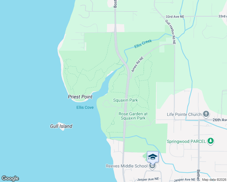 map of restaurants, bars, coffee shops, grocery stores, and more near Ellis Cove Trail in Olympia