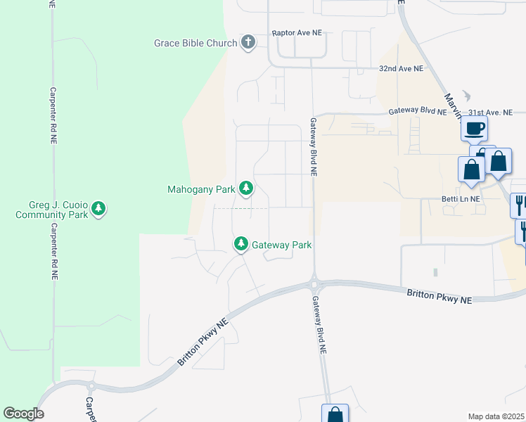 map of restaurants, bars, coffee shops, grocery stores, and more near 2828 Cassius St NE in Lacey