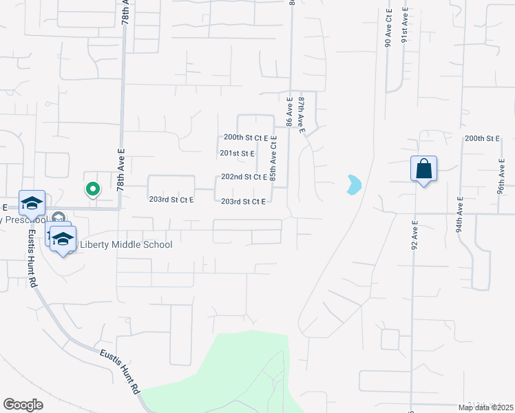 map of restaurants, bars, coffee shops, grocery stores, and more near 8412 203rd Street Court East in Spanaway