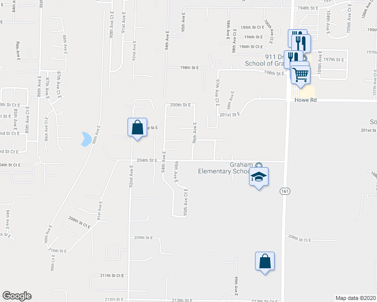 map of restaurants, bars, coffee shops, grocery stores, and more near 20316 96th Avenue East in Graham