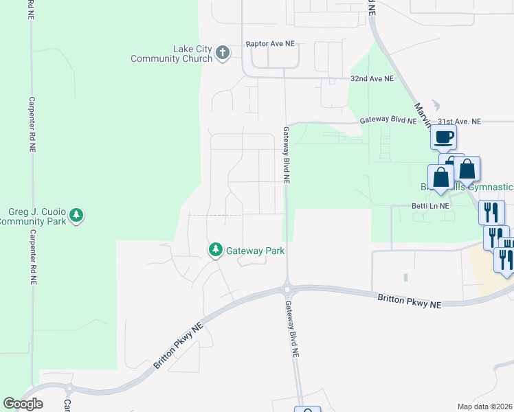 map of restaurants, bars, coffee shops, grocery stores, and more near 2828 Cassius St NE in Lacey