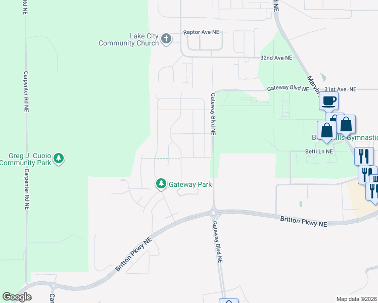 map of restaurants, bars, coffee shops, grocery stores, and more near 2828 Cassius St NE in Lacey