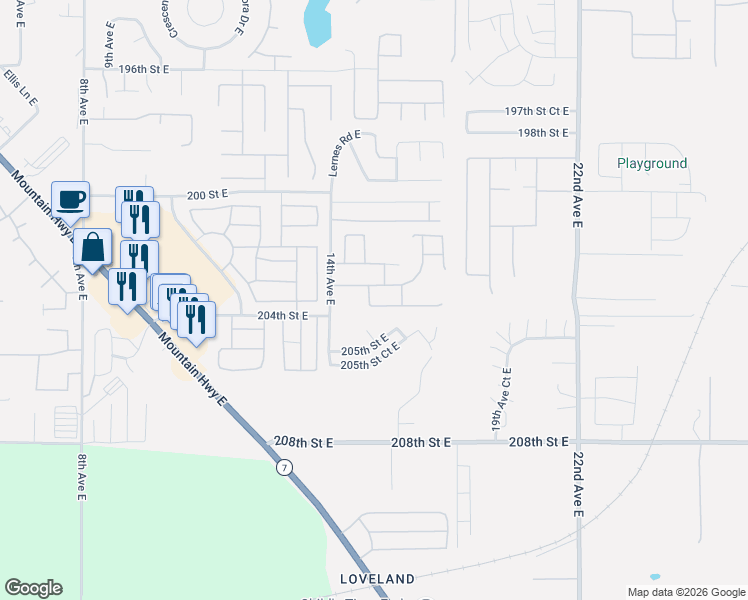 map of restaurants, bars, coffee shops, grocery stores, and more near 20401 15th Avenue Court East in Spanaway