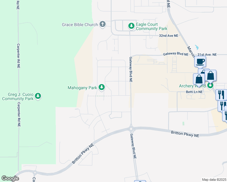 map of restaurants, bars, coffee shops, grocery stores, and more near 2828 Cassius St NE in Lacey