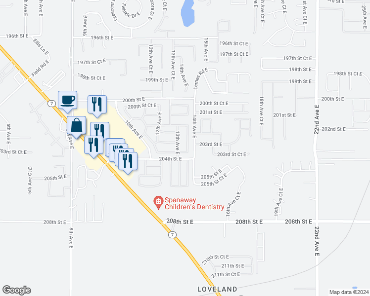 map of restaurants, bars, coffee shops, grocery stores, and more near 20314 13th Avenue Court East in Spanaway