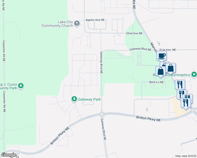 map of restaurants, bars, coffee shops, grocery stores, and more near 2830 Anna St NE in Lacey