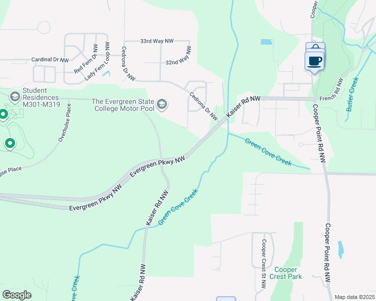 map of restaurants, bars, coffee shops, grocery stores, and more near 2700 Evergreen Pkwy NW in Olympia