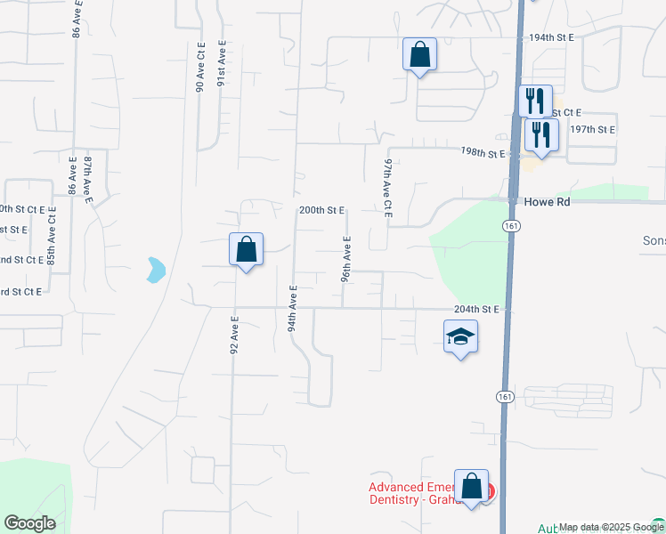 map of restaurants, bars, coffee shops, grocery stores, and more near 20204 96th Avenue East in Graham