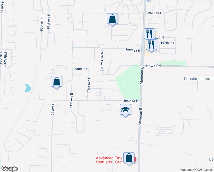 map of restaurants, bars, coffee shops, grocery stores, and more near 9727 203rd Street East in Graham