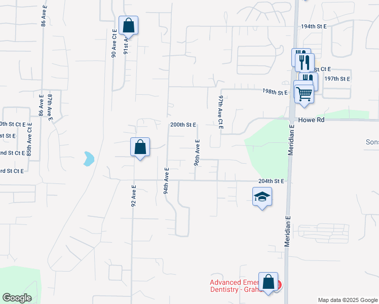 map of restaurants, bars, coffee shops, grocery stores, and more near 9518 202nd Street East in Graham