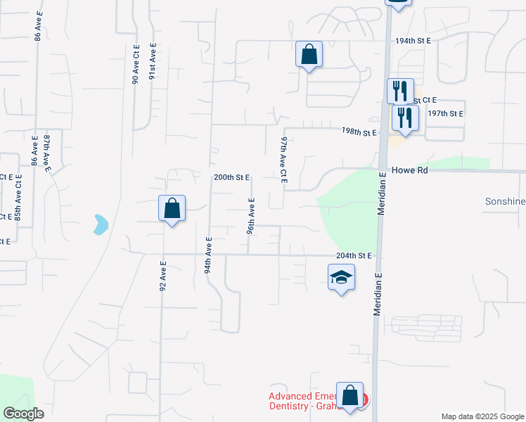 map of restaurants, bars, coffee shops, grocery stores, and more near 9604 201st Street Court East in Graham