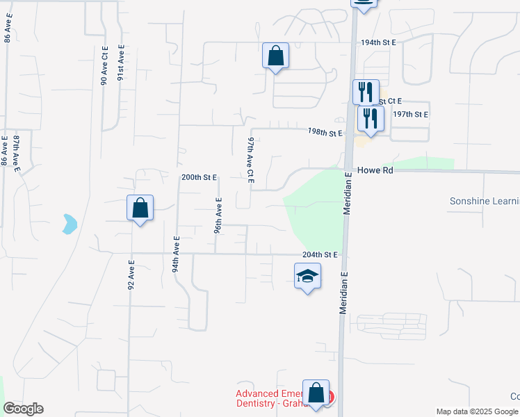map of restaurants, bars, coffee shops, grocery stores, and more near 9727 203rd Street East in Graham