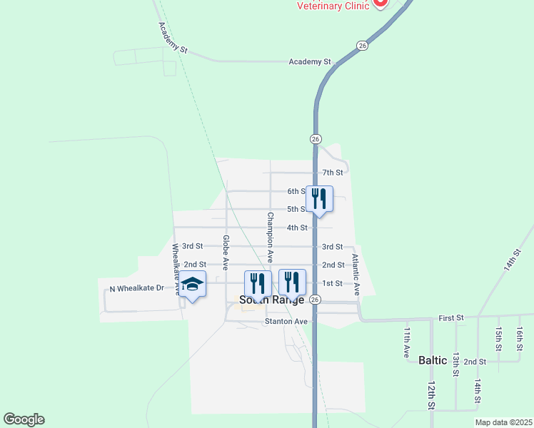 map of restaurants, bars, coffee shops, grocery stores, and more near in South Range