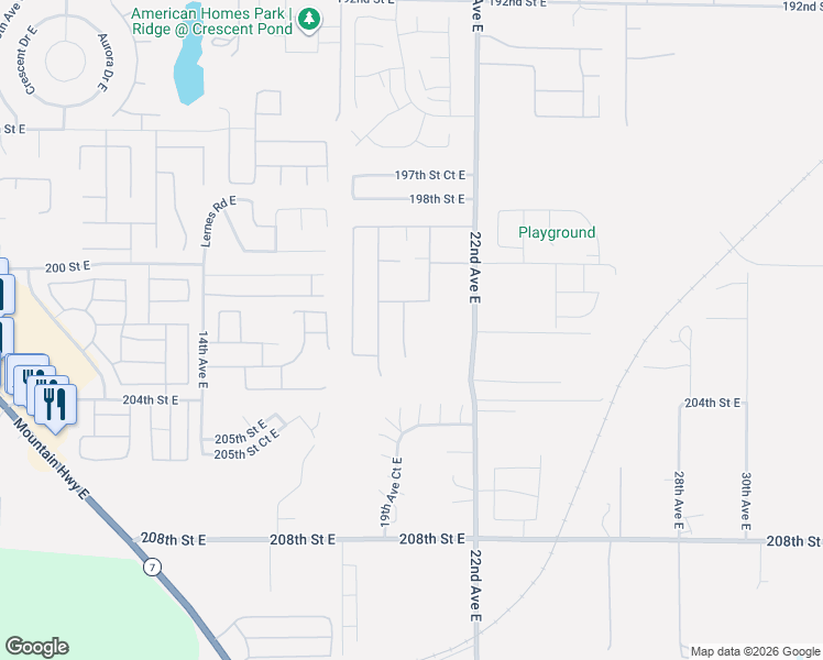 map of restaurants, bars, coffee shops, grocery stores, and more near 20219 20th Avenue East in Spanaway