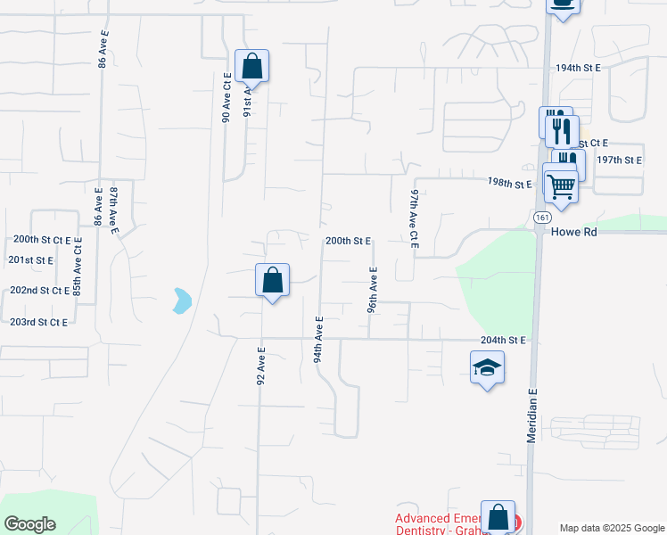 map of restaurants, bars, coffee shops, grocery stores, and more near 9406 201st Street East in Graham
