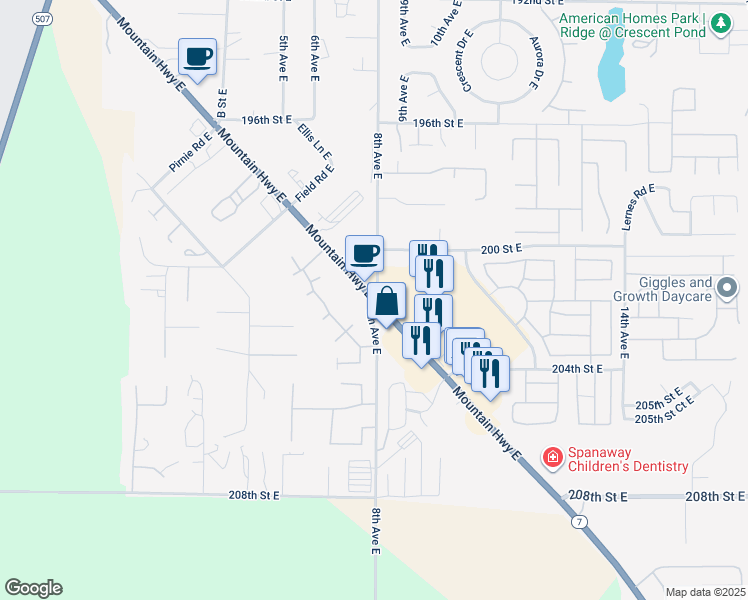 map of restaurants, bars, coffee shops, grocery stores, and more near Mountain Highway East & 8th Avenue East in Spanaway