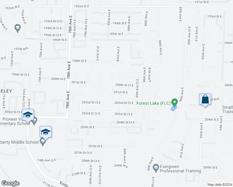 map of restaurants, bars, coffee shops, grocery stores, and more near 8322 201st Street East in Spanaway