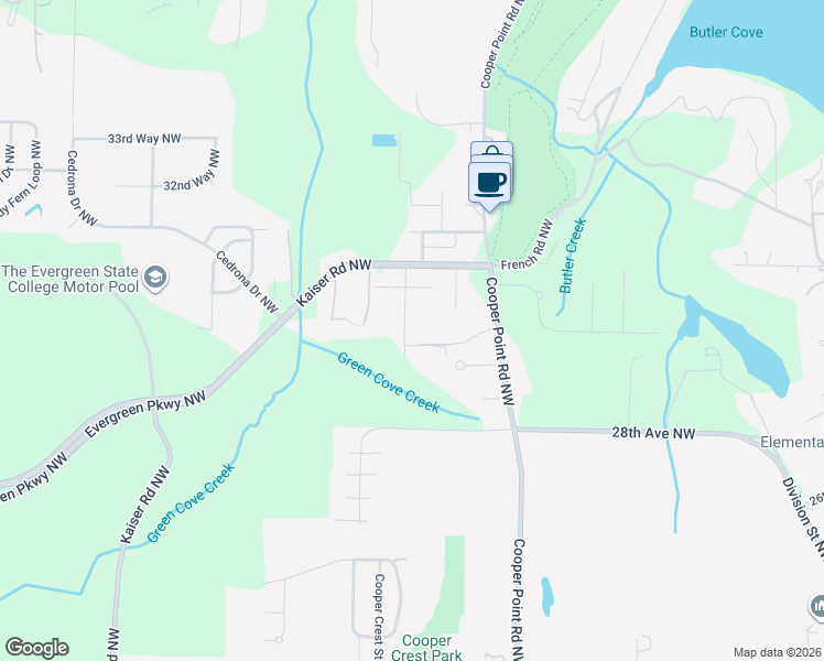 map of restaurants, bars, coffee shops, grocery stores, and more near 2946 Saint James Court Northwest in Olympia