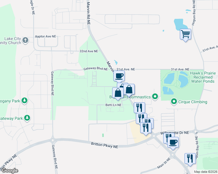 map of restaurants, bars, coffee shops, grocery stores, and more near 3017 Marvin Road Northeast in Olympia