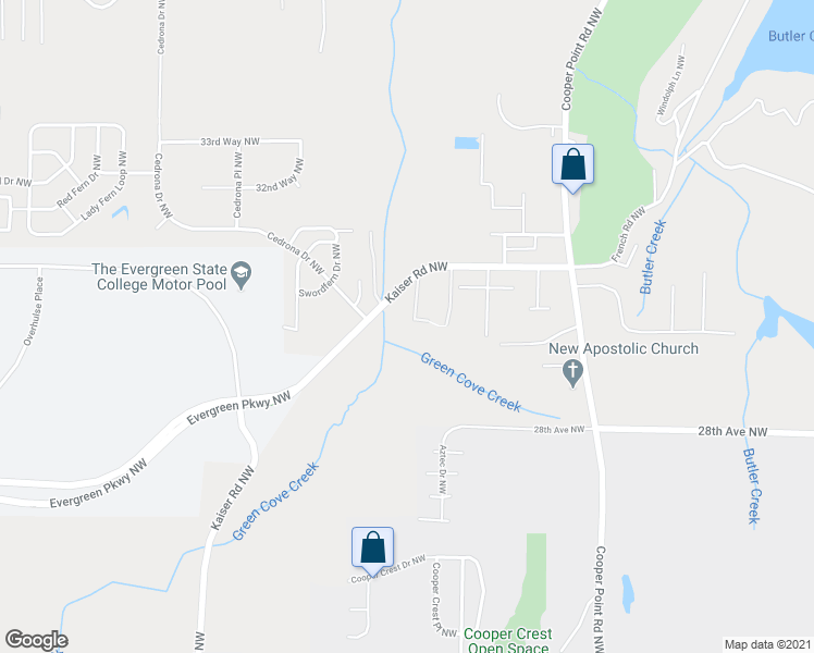 map of restaurants, bars, coffee shops, grocery stores, and more near 3038 Kaiser Road Northwest in Olympia
