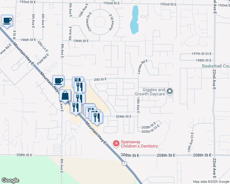 map of restaurants, bars, coffee shops, grocery stores, and more near 20018 12th Avenue Court East in Spanaway