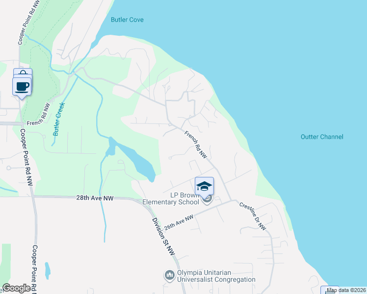 map of restaurants, bars, coffee shops, grocery stores, and more near 3011 French Road Northwest in Olympia