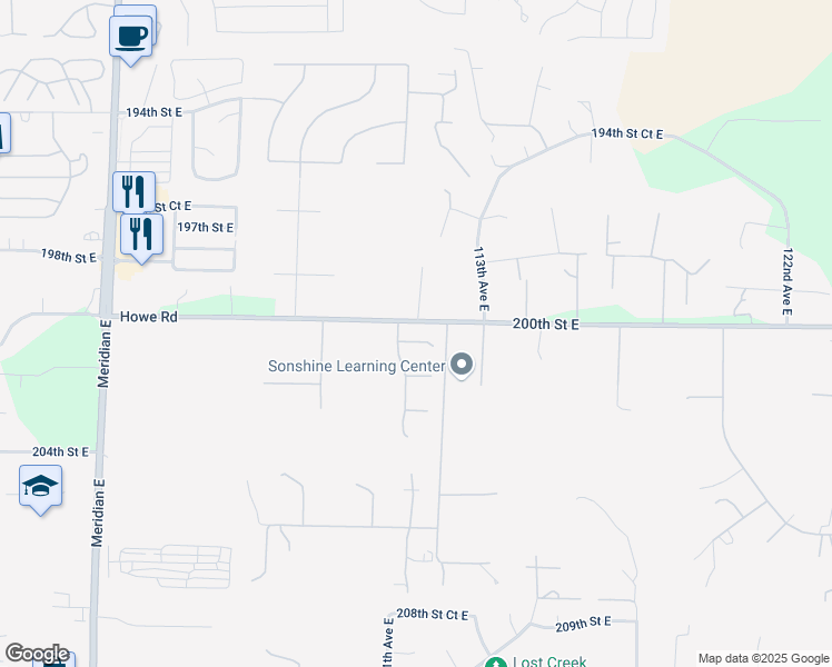 map of restaurants, bars, coffee shops, grocery stores, and more near 11015 200th Street Court East in Graham