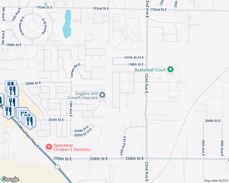 map of restaurants, bars, coffee shops, grocery stores, and more near 20036 19th Avenue East in Spanaway