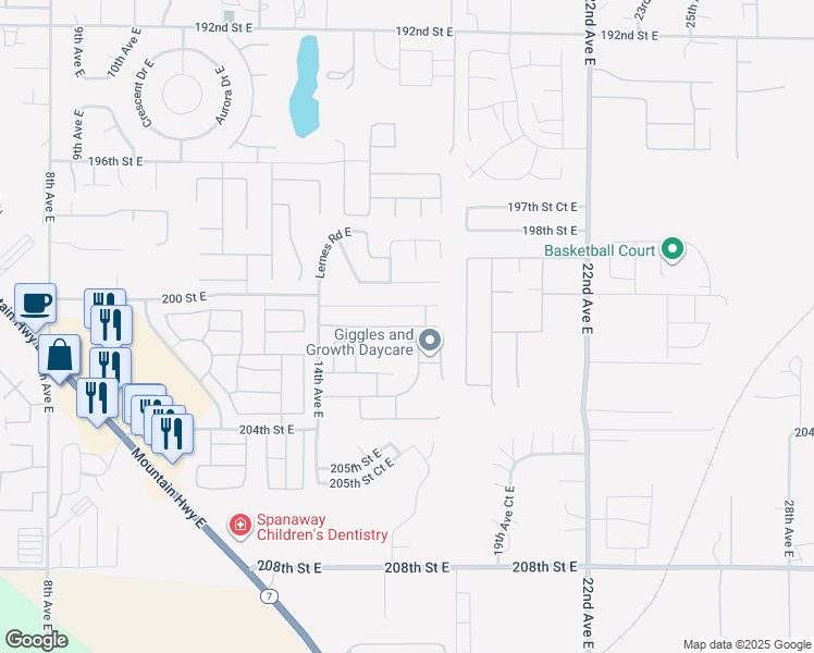 map of restaurants, bars, coffee shops, grocery stores, and more near 1615 201st Street East in Spanaway