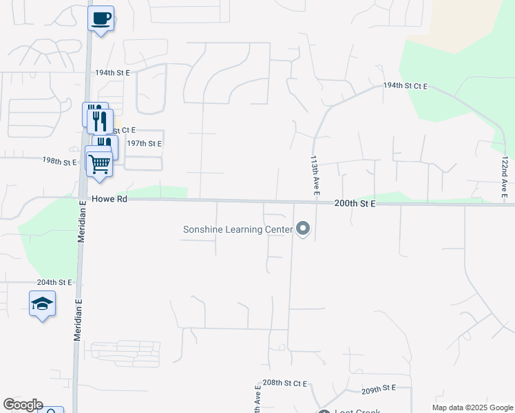 map of restaurants, bars, coffee shops, grocery stores, and more near 20002 110th Avenue Court East in Graham