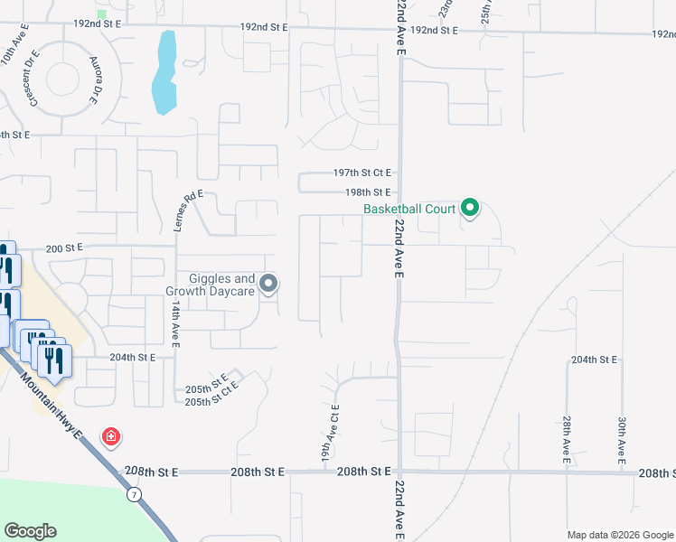 map of restaurants, bars, coffee shops, grocery stores, and more near 2005 201st Street East in Spanaway