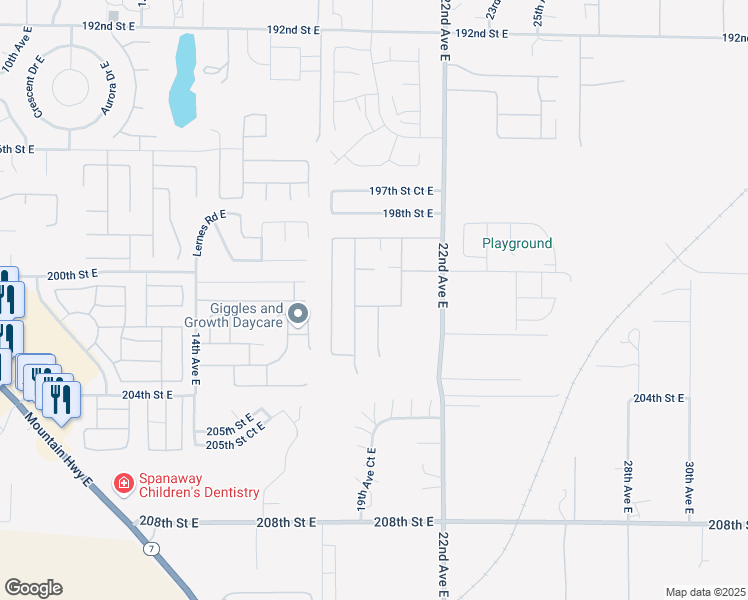 map of restaurants, bars, coffee shops, grocery stores, and more near 1917 201st Street East in Spanaway