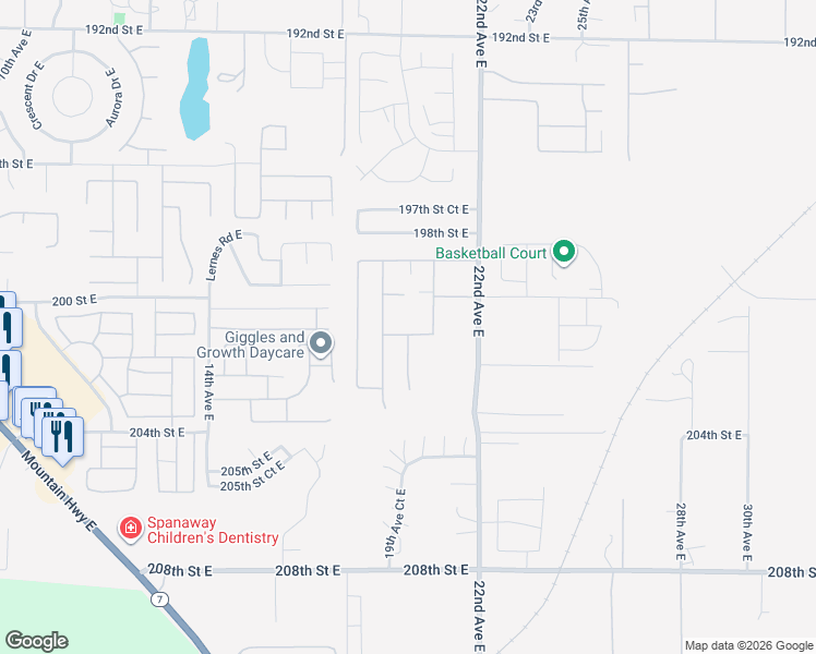 map of restaurants, bars, coffee shops, grocery stores, and more near 2005 201st Street East in Spanaway