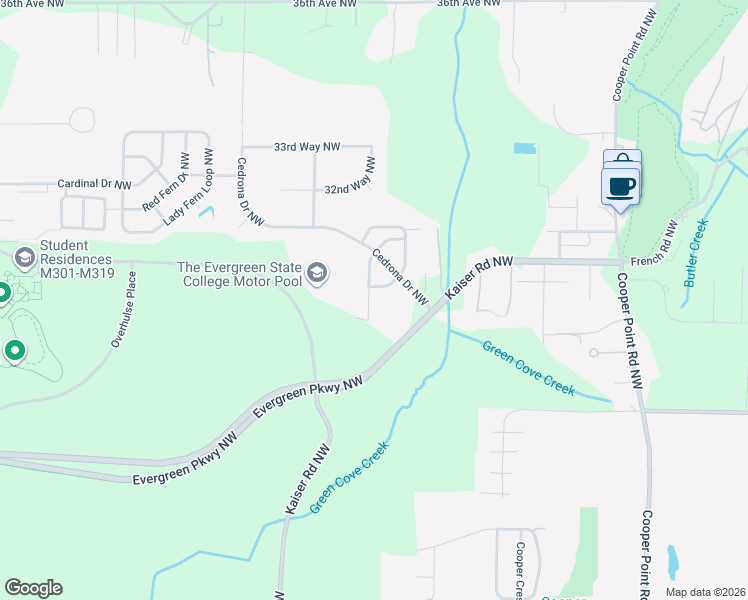 map of restaurants, bars, coffee shops, grocery stores, and more near 3008 Swordfern Drive Northwest in Olympia