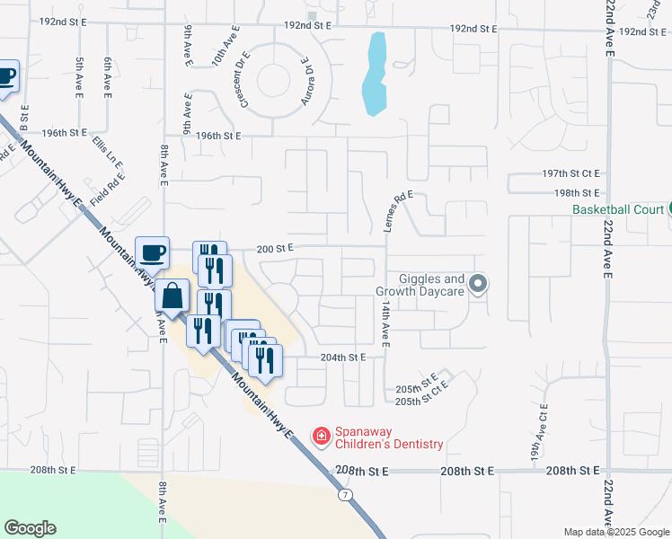 map of restaurants, bars, coffee shops, grocery stores, and more near 20018 12th Avenue Court East in Spanaway