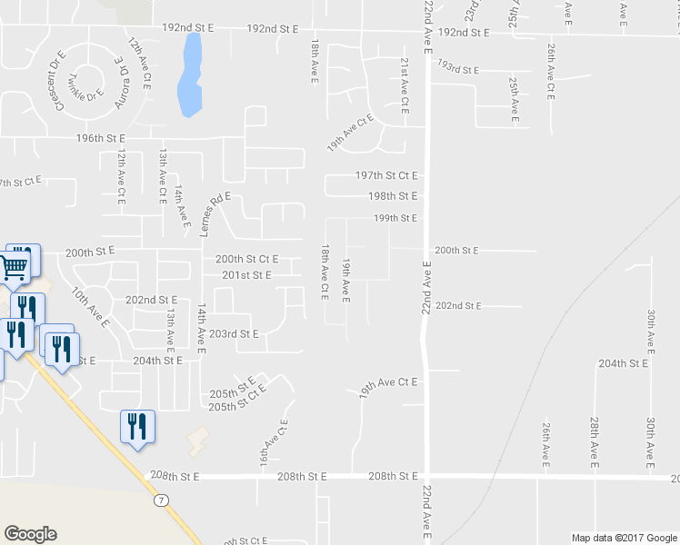 map of restaurants, bars, coffee shops, grocery stores, and more near 20036 19th Avenue East in Spanaway