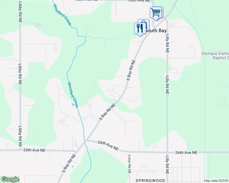 map of restaurants, bars, coffee shops, grocery stores, and more near 3001 South Bay Road Northeast in Olympia