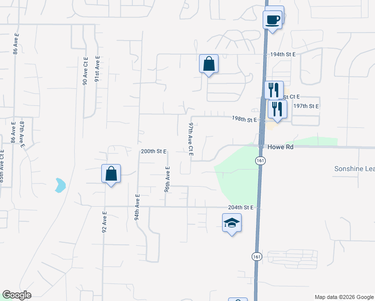 map of restaurants, bars, coffee shops, grocery stores, and more near 20002 97th Avenue Court East in Graham