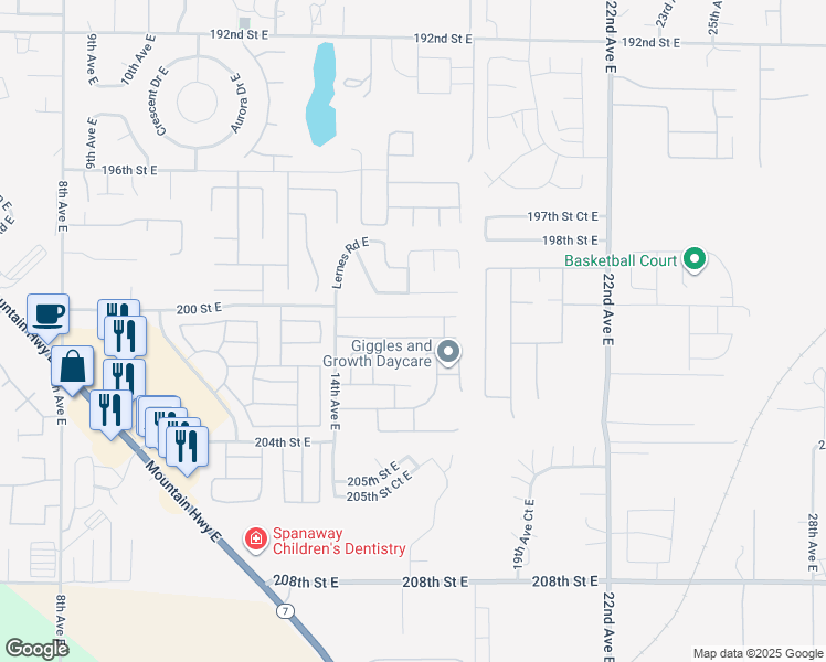 map of restaurants, bars, coffee shops, grocery stores, and more near 1607 201st Street East in Spanaway