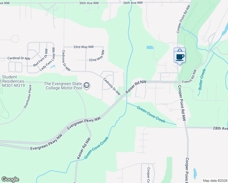 map of restaurants, bars, coffee shops, grocery stores, and more near 2947 Silverleaf Court Northwest in Olympia
