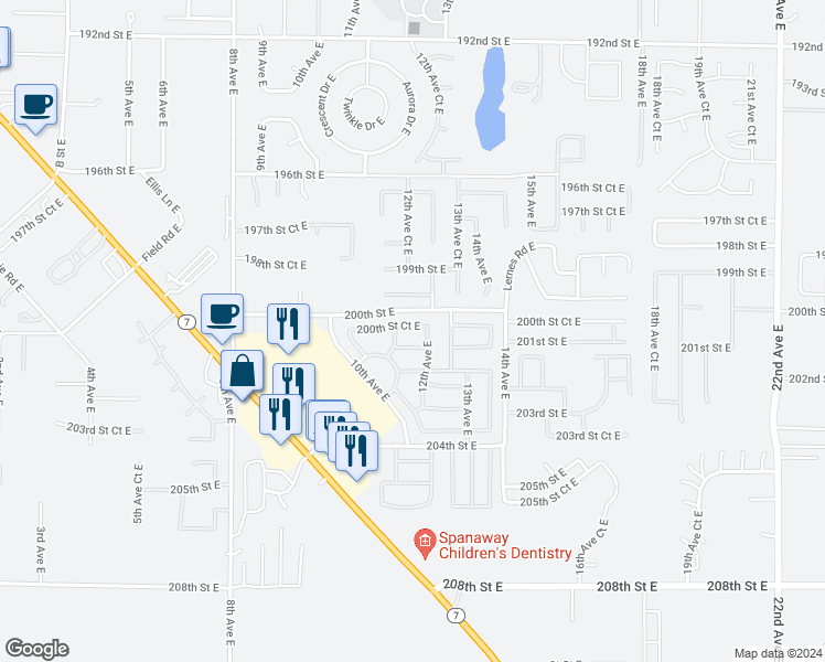 map of restaurants, bars, coffee shops, grocery stores, and more near 1112 200th Street Court East in Spanaway